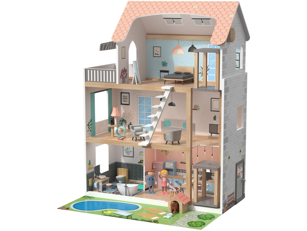 A multi-story Lupilu® wooden doll's house with furniture, a pool, and figures.