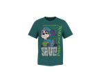 T-shirt infantil verde-azulado com um cachorro de desenho animado e o texto 'WE'VE GOT DINOS TO SAVE! PAW PATROL'.