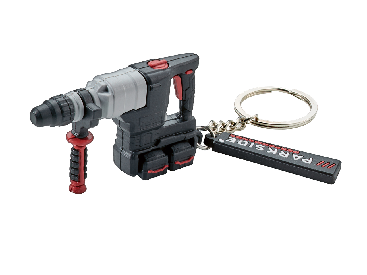 Sleutelhanger in de vorm van een Parkside Performance boorhamer.