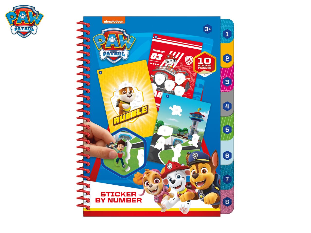 Paw Patrol sticker by number book with 10 sticker puzzles, featuring characters like Rubble and Marshall.