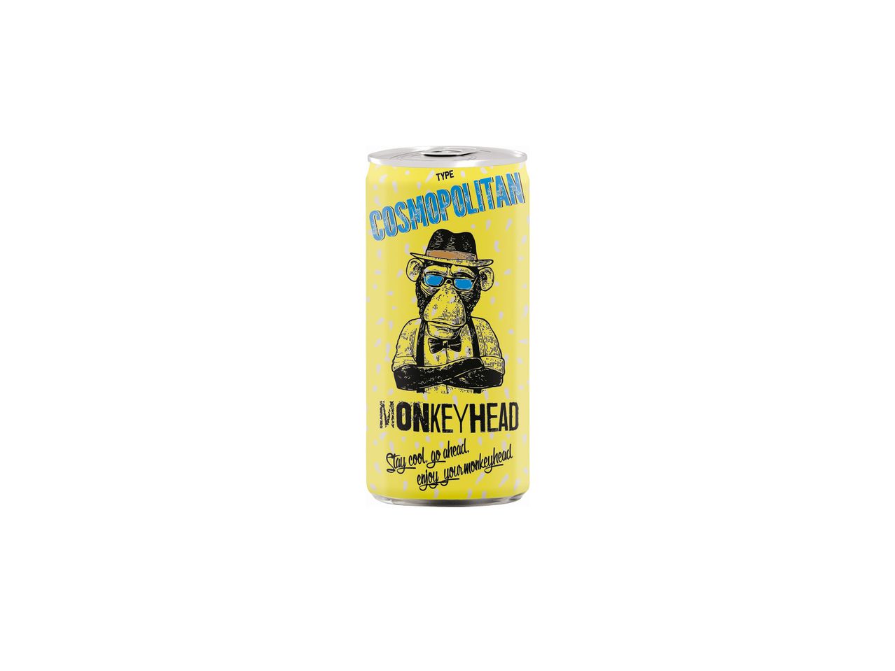MonkeyHead Cosmopolitan gėrimo skardinė su beždžionės dizainu.