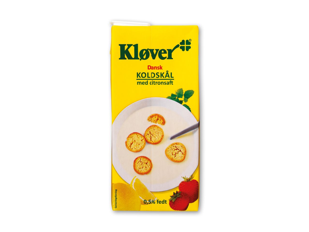 Gul karton med koldskål, kammerjunker, citron og jordbær.