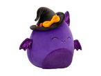 A purple bat plush toy wearing a black witch hat with an orange bow.
