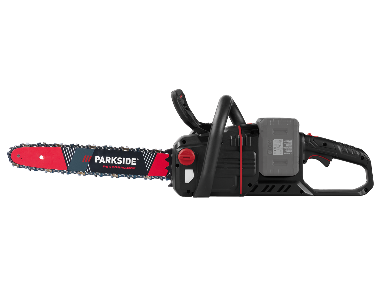 Cordless chainsaw with a red and black guide bar, battery pack, and ergonomic handles.
