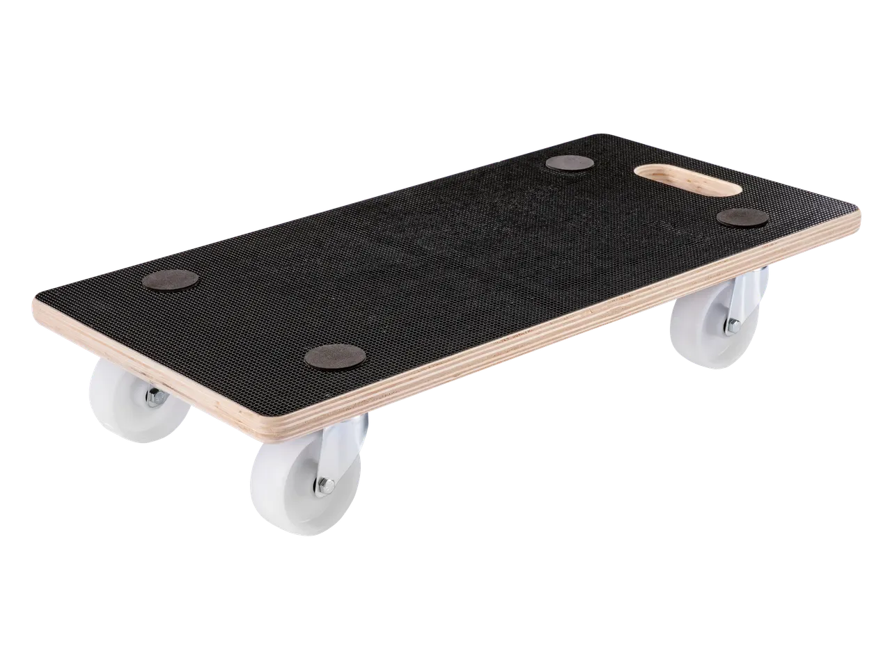 Platformă rulantă din lemn cu suprafață antiderapantă neagră și roți albe