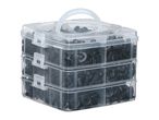 Three-tier plastic organizer box filled with black car retainer clips.