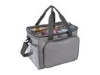 A grey yarn storage bag with a clear top and side pockets, filled with colorful yarn.