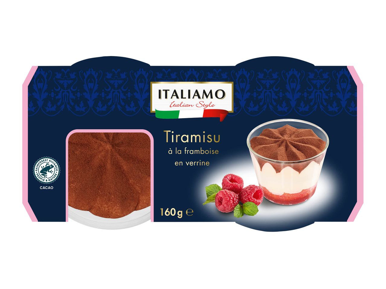Boîte de tiramisu à la framboise Italamo de 160g, style italien.