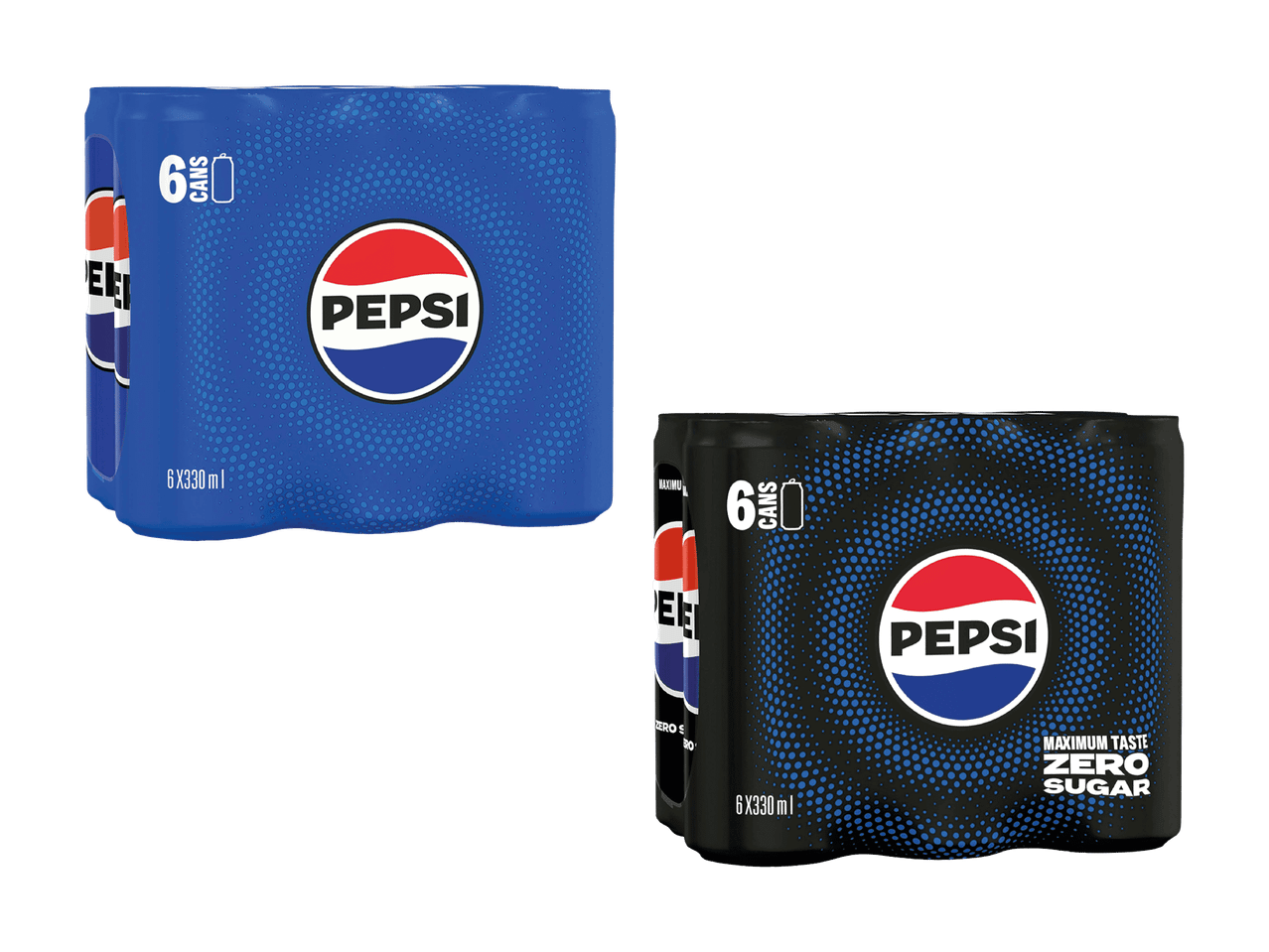Multipacks mit kohlensäurehaltigen Getränken, ein blauer und ein schwarzer, beide mit 6 Dosen à 330 ml.