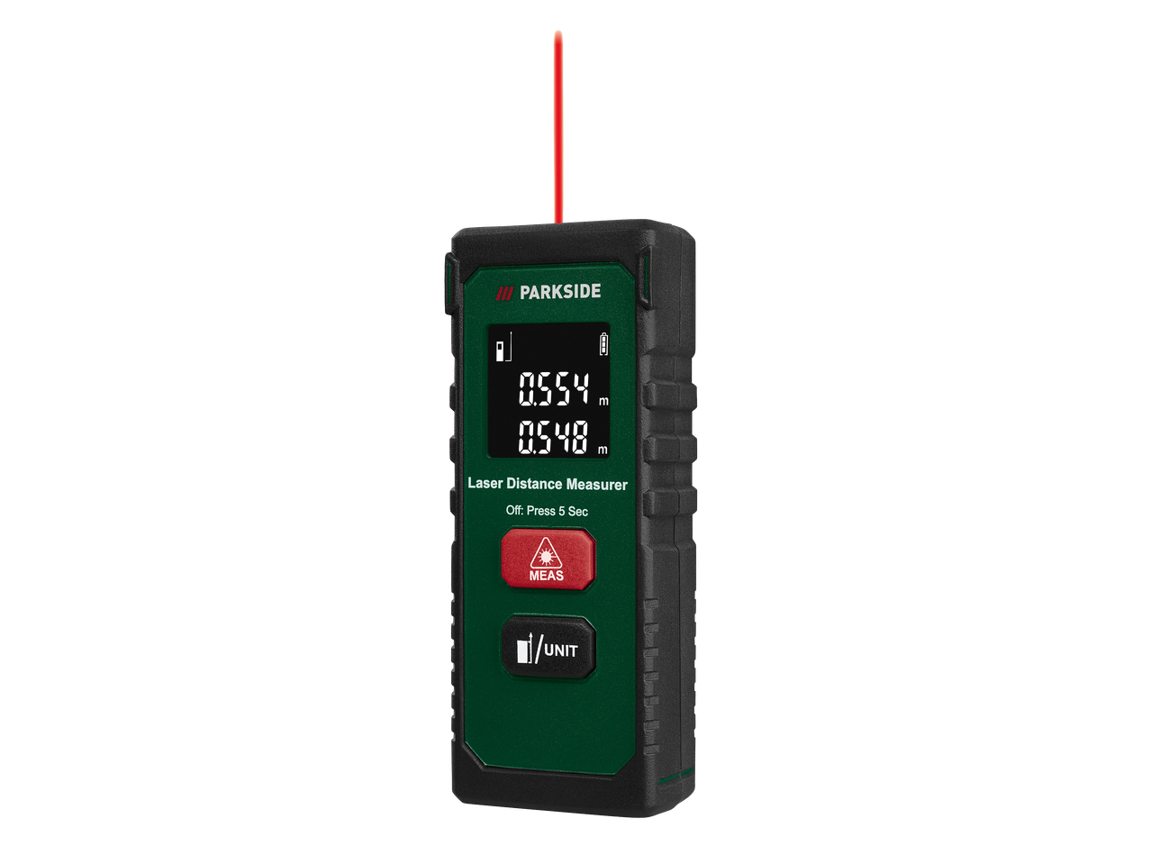 Zöld és fekete lézeres távolságmérő, piros lézersugárral és digitális kijelzővel.
