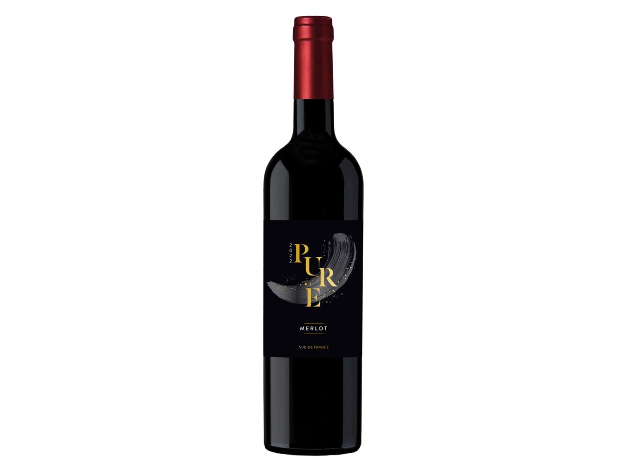 A bottle of red wine with a unique label design.