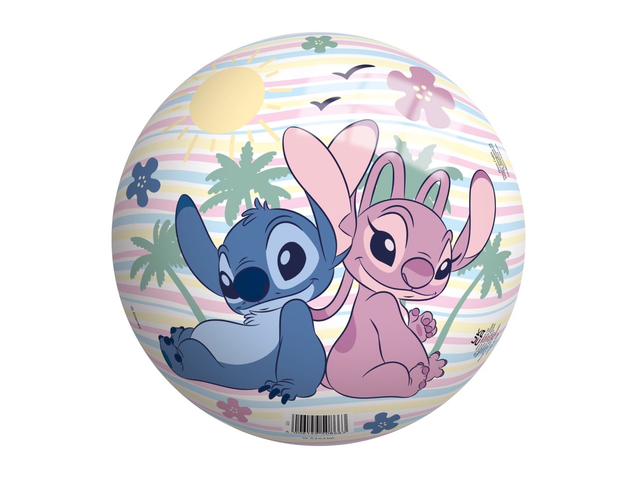 Beach ball with Stitch and Angel, tropical design, and barcode.