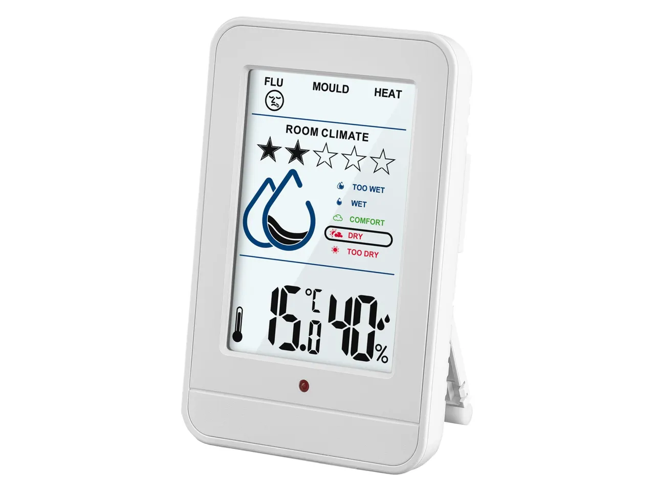 Digitális hőmérő és páratartalom mérő, amely a szoba klímáját mutatja.