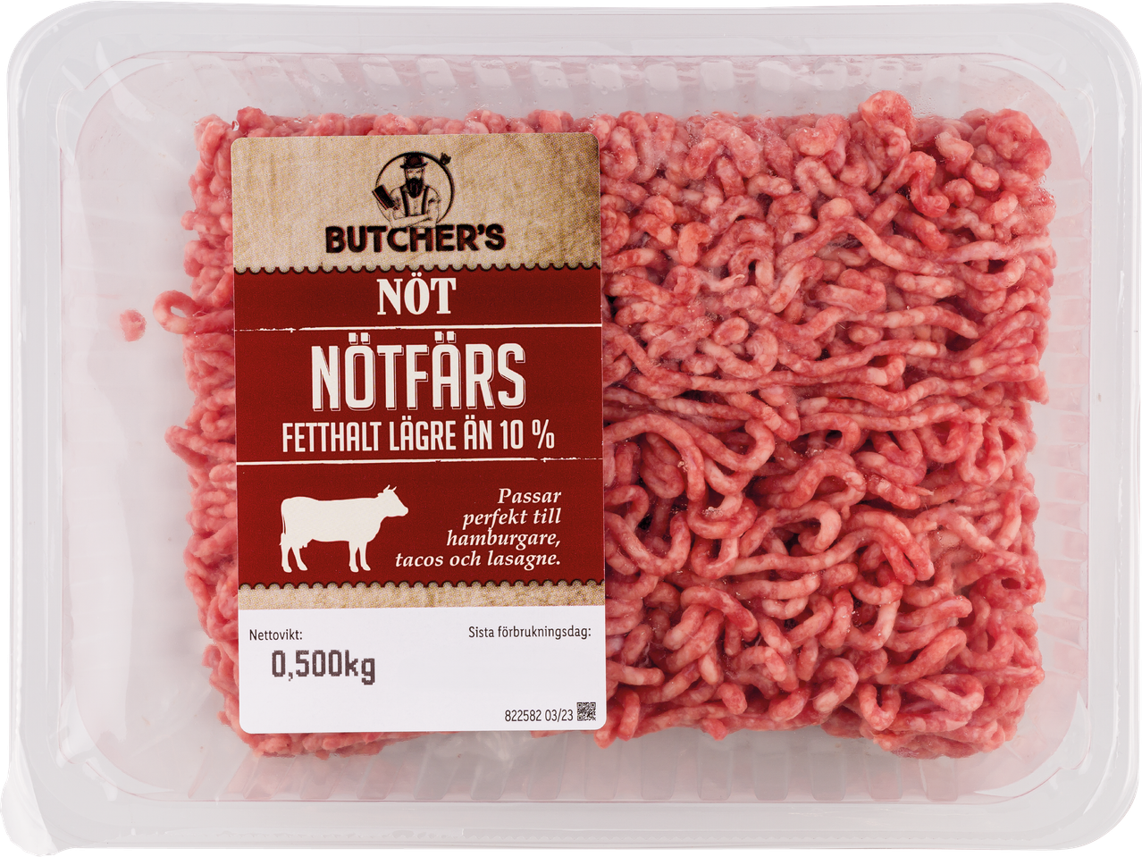 500g Butcher's nötfärs med mindre än 10% fett, perfekt till hamburgare, tacos och lasagne.