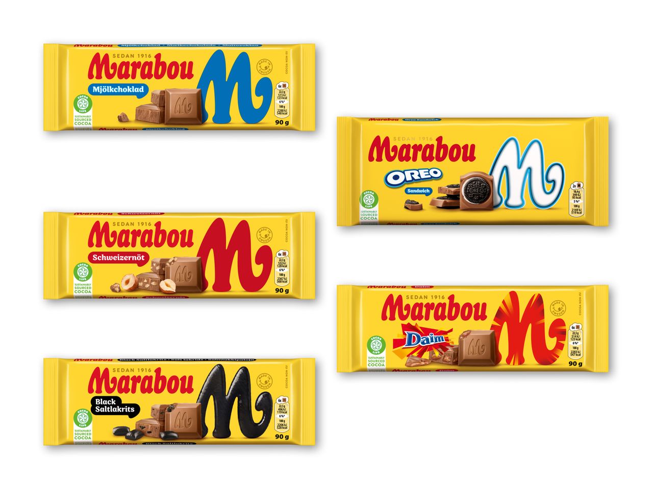 Fem chokoladebarer i gul indpakning, inklusive mælkechokolade, Oreo, hasselnød, lakrids og Daim.