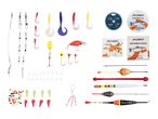 A comprehensive fishing tackle set including lures, hooks, lines, weights, and floats.