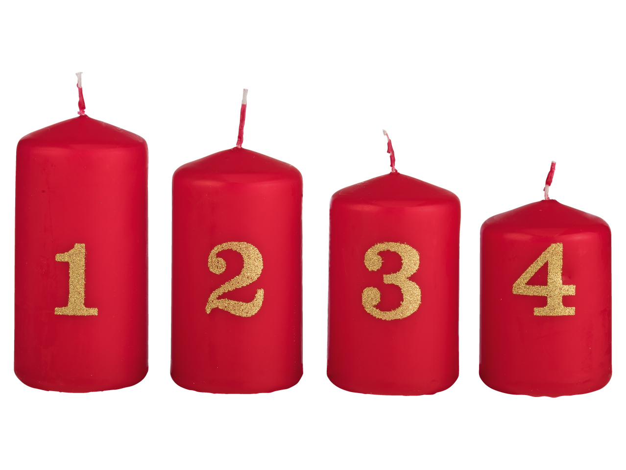 Neli punast sambaküünalt kuldsete sädelevate numbritega 1, 2, 3 ja 4