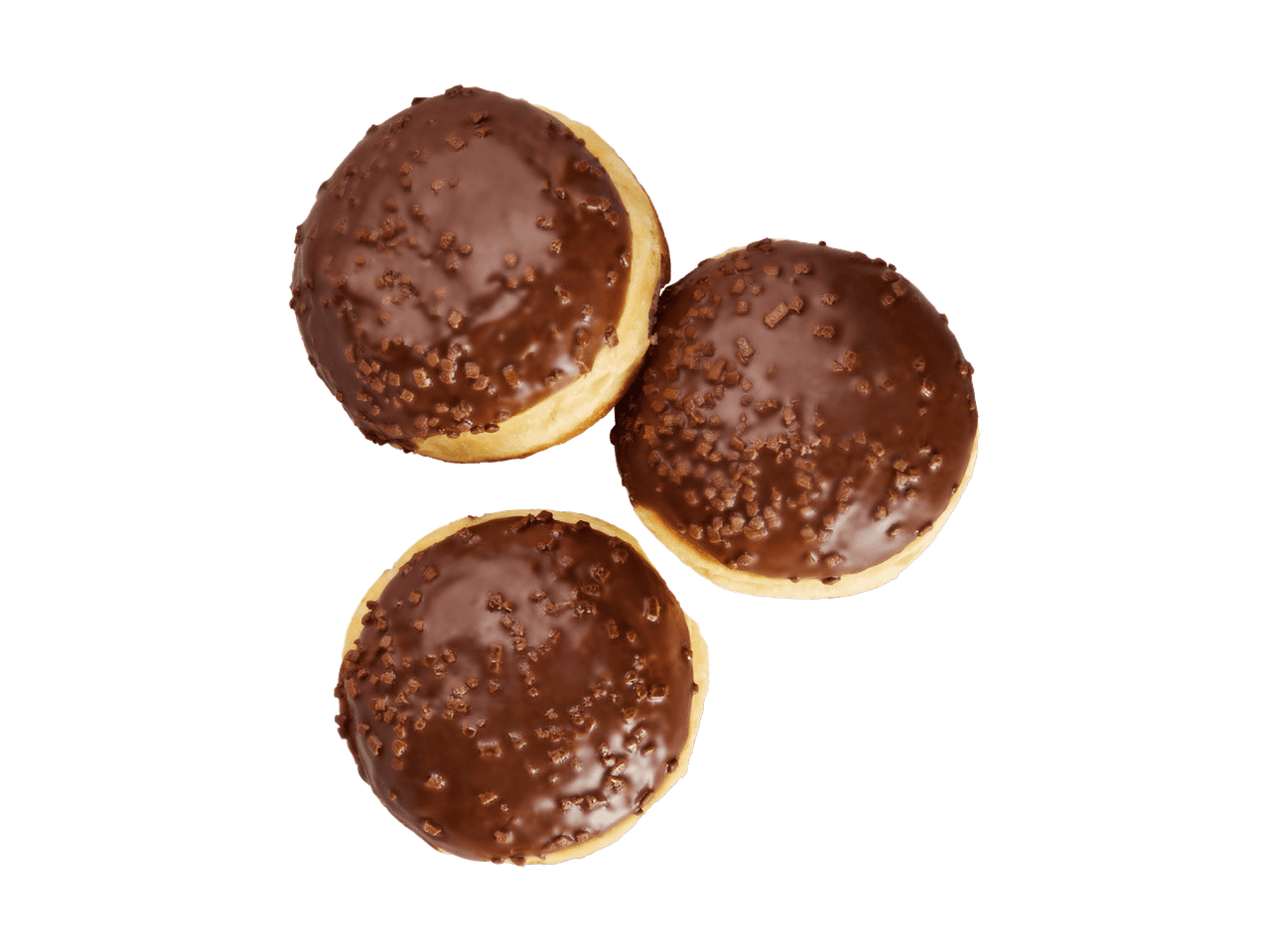 Drei Schokoladen-Donuts mit Streuseln auf schwarzem Hintergrund.