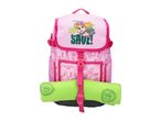 Pink backpack with a cartoon dog and 'WE'VE GOT WINGS TO SAVE!' text, with a green rolled blanket attached.