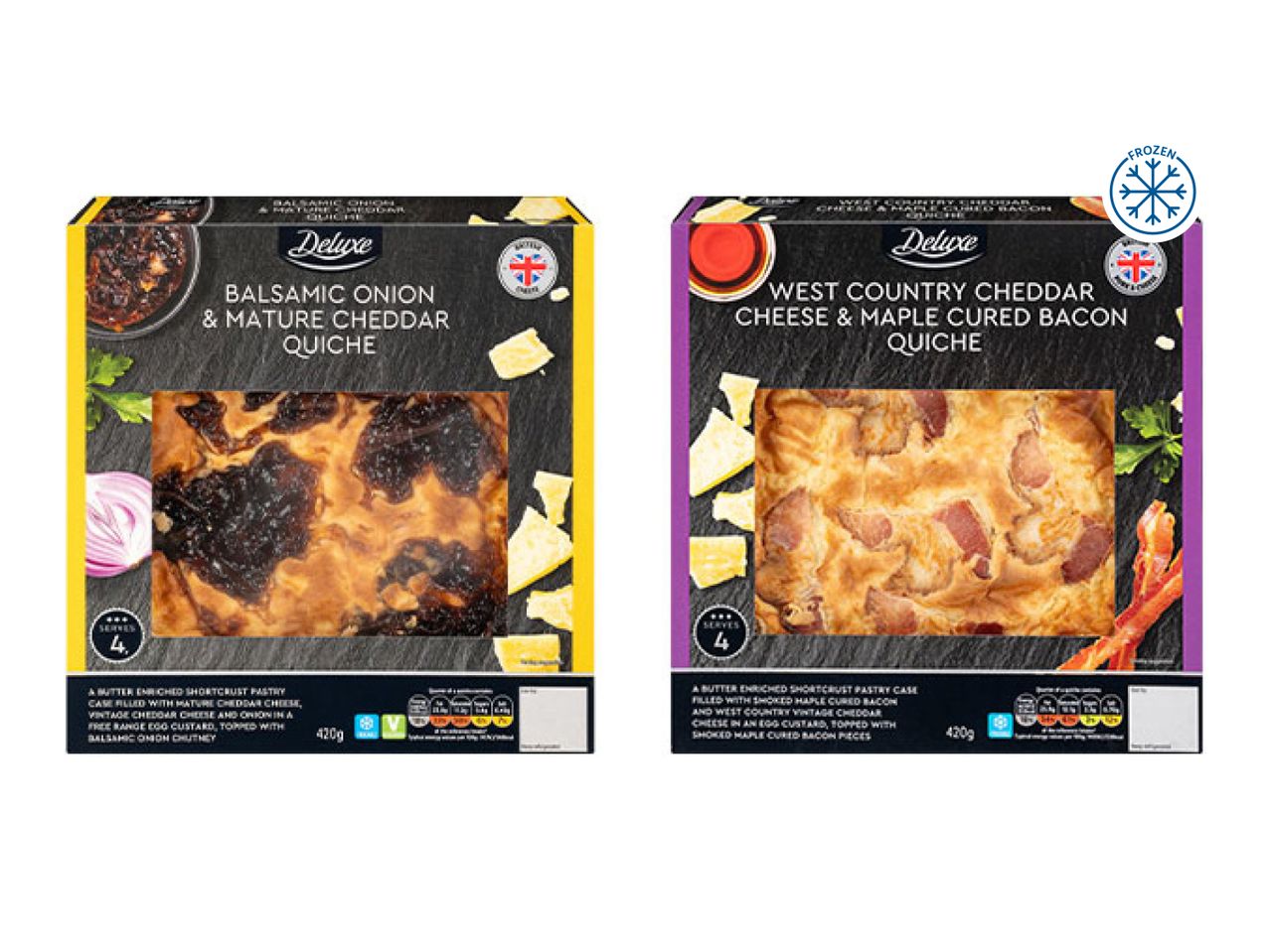 Two quiches, one balsamic onion & mature cheddar, the other West Country cheddar & maple cured bacon.