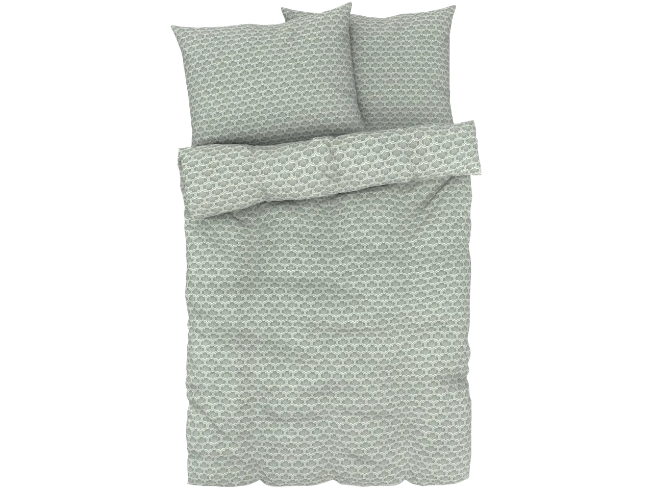 A sage green bedding set with a repeating floral pattern, including a duvet cover and two pillowcases.