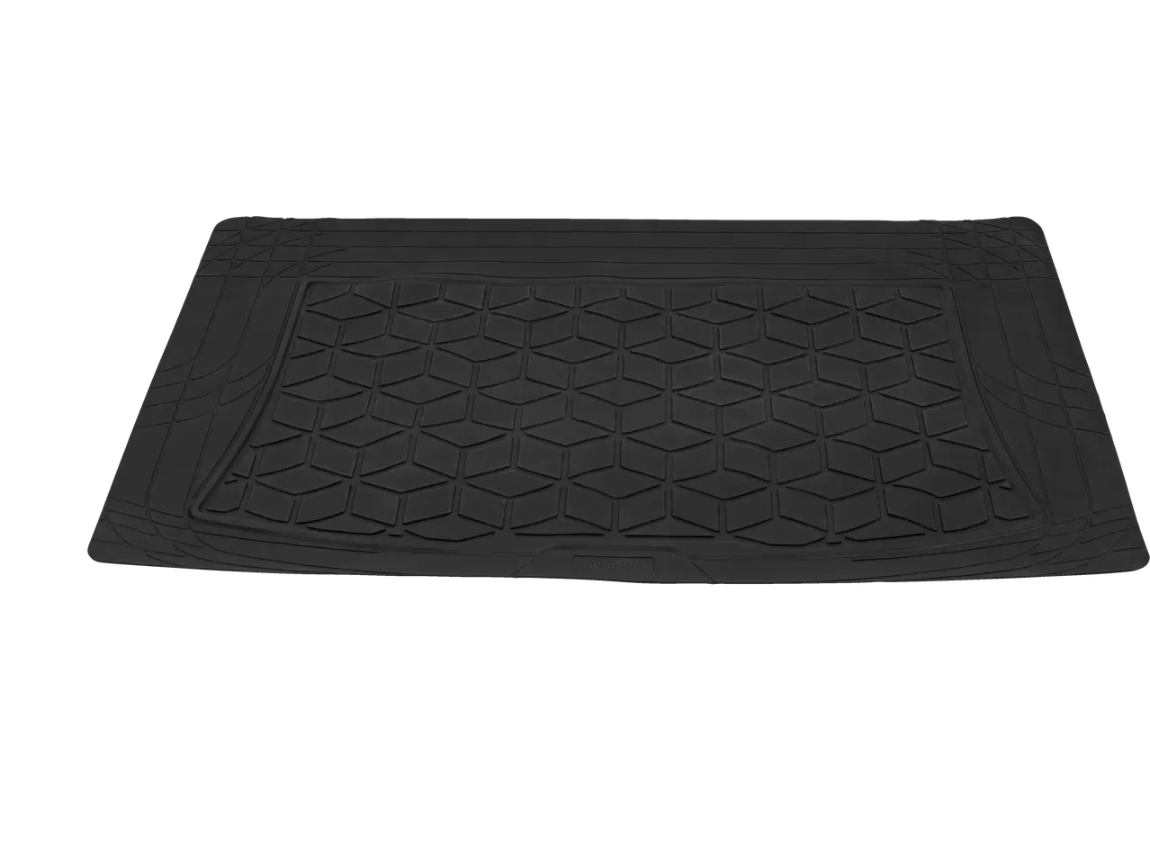 Black car mat with a geometric pattern and Ultimate logo.