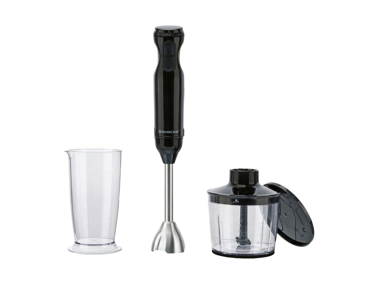 Black immersion blender with a measuring cup and a chopper attachment.