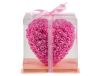 Pink heart-shaped rose arrangement in a clear gift box with a 'Just for you' ribbon.
