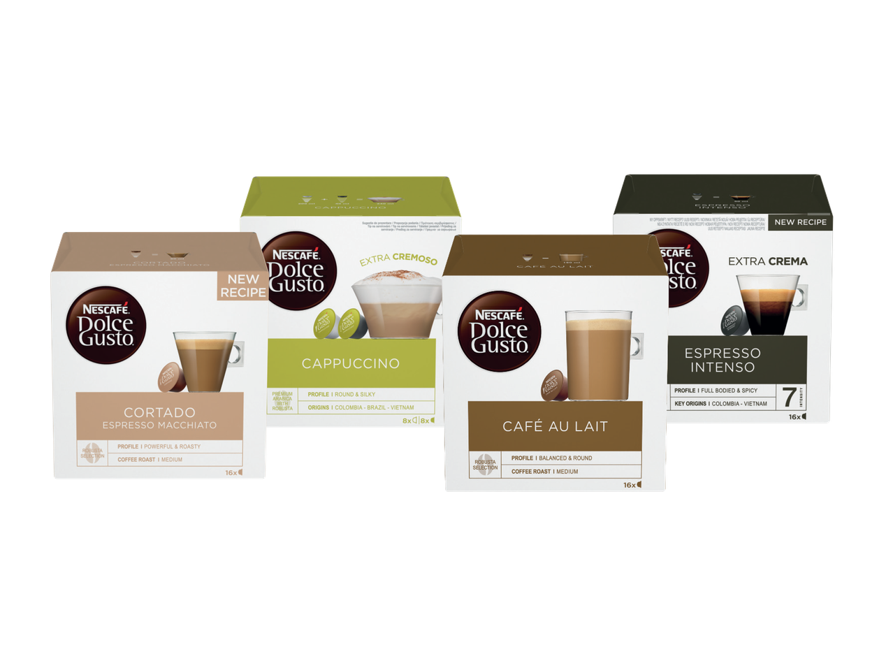 Četiri pakovanja kapsula za kafu: Cortado, Cappuccino, Café au Lait i Espresso Intenso.