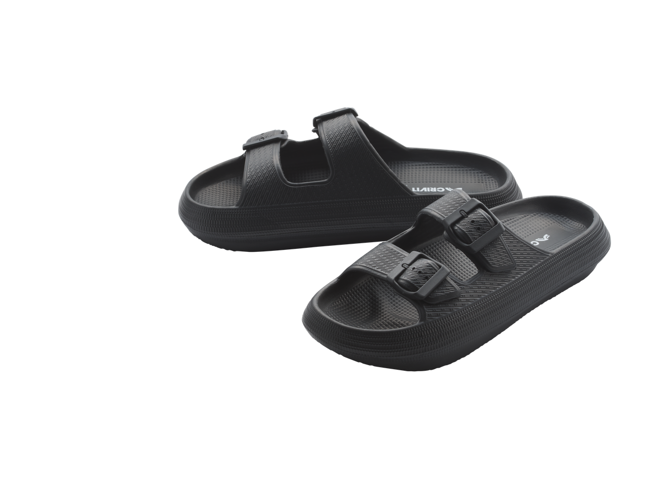 Melnas CRIVIT sieviešu/vīriešu vannas čības ar regulējamām sprādzēm.