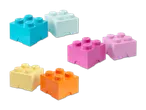 Mehrfarbige Bausteine in verschiedenen Pastelltönen, darunter Blau, Rosa, Gelb und Orange.