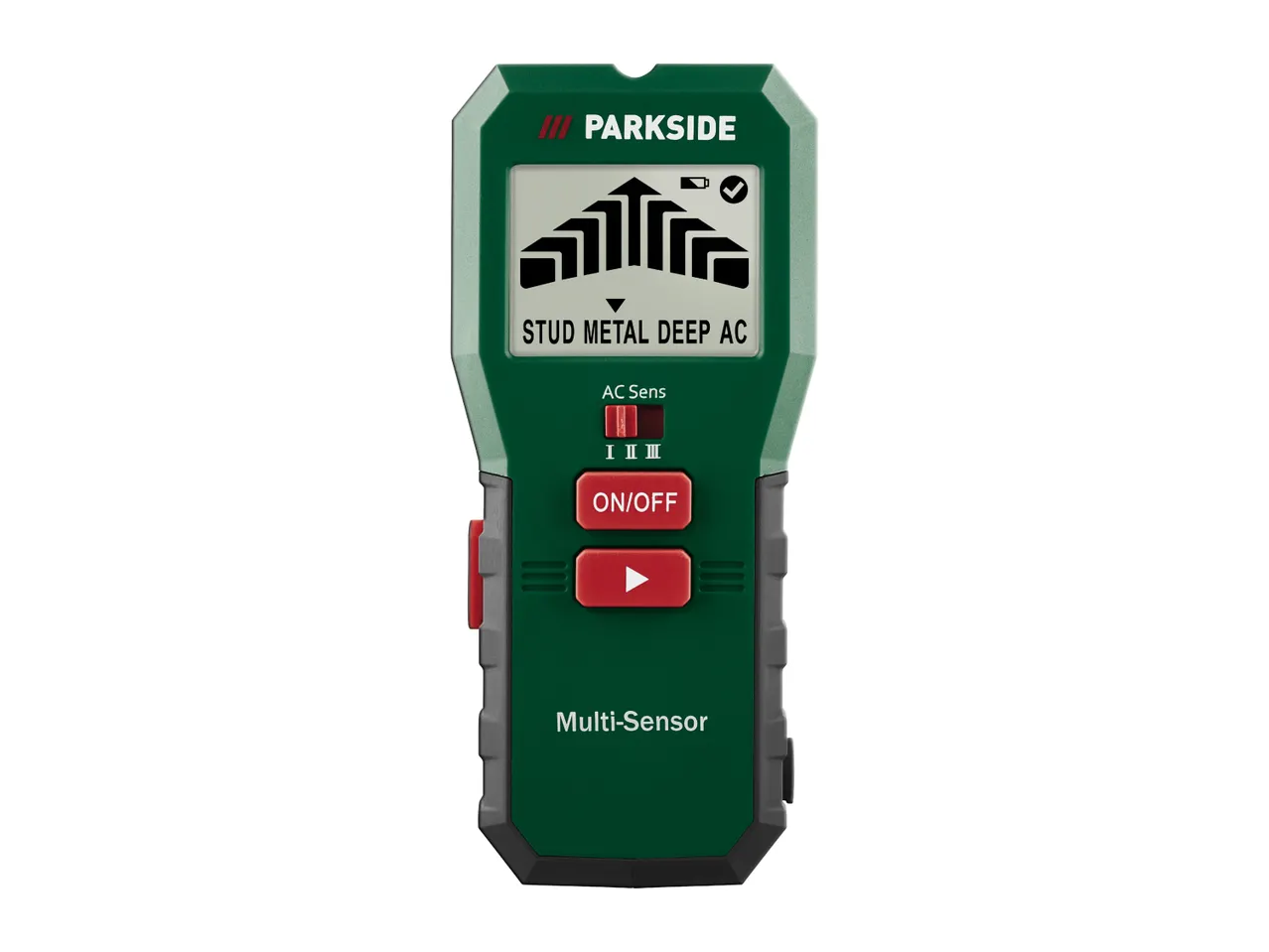 Green multi-sensor stud finder with a digital display showing 'STUD METAL DEEP AC' and control buttons.
