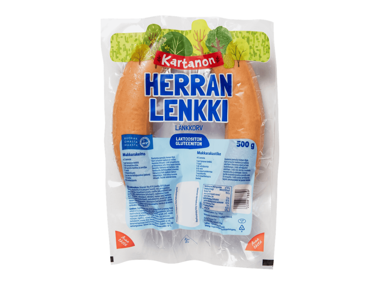 Pakkaus laktoositonta ja gluteenitonta lenkkimakkaraa, jossa on reseptejä ja ravintosisältö.