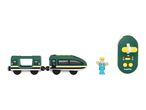 A green toy train with two cars, a small figure, and a green remote control.
