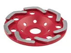 Red diamond grinding cup wheel with segmented abrasive pads