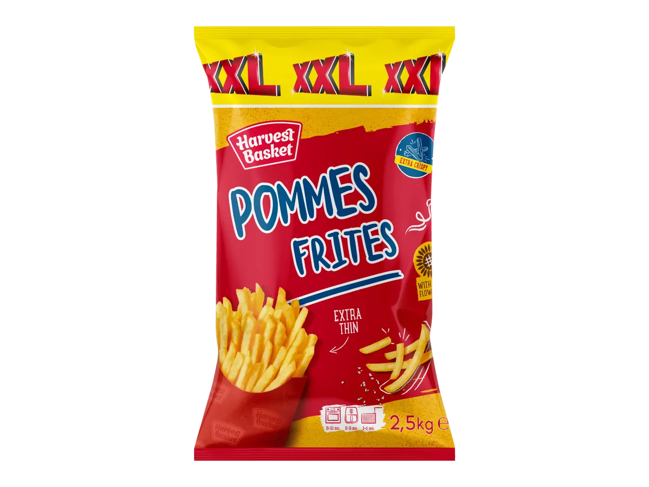 Harvest Basket XXL Pommes Frites, 2,5 kg pakkaus, erittäin ohuita ja rapeita ranskalaisia.