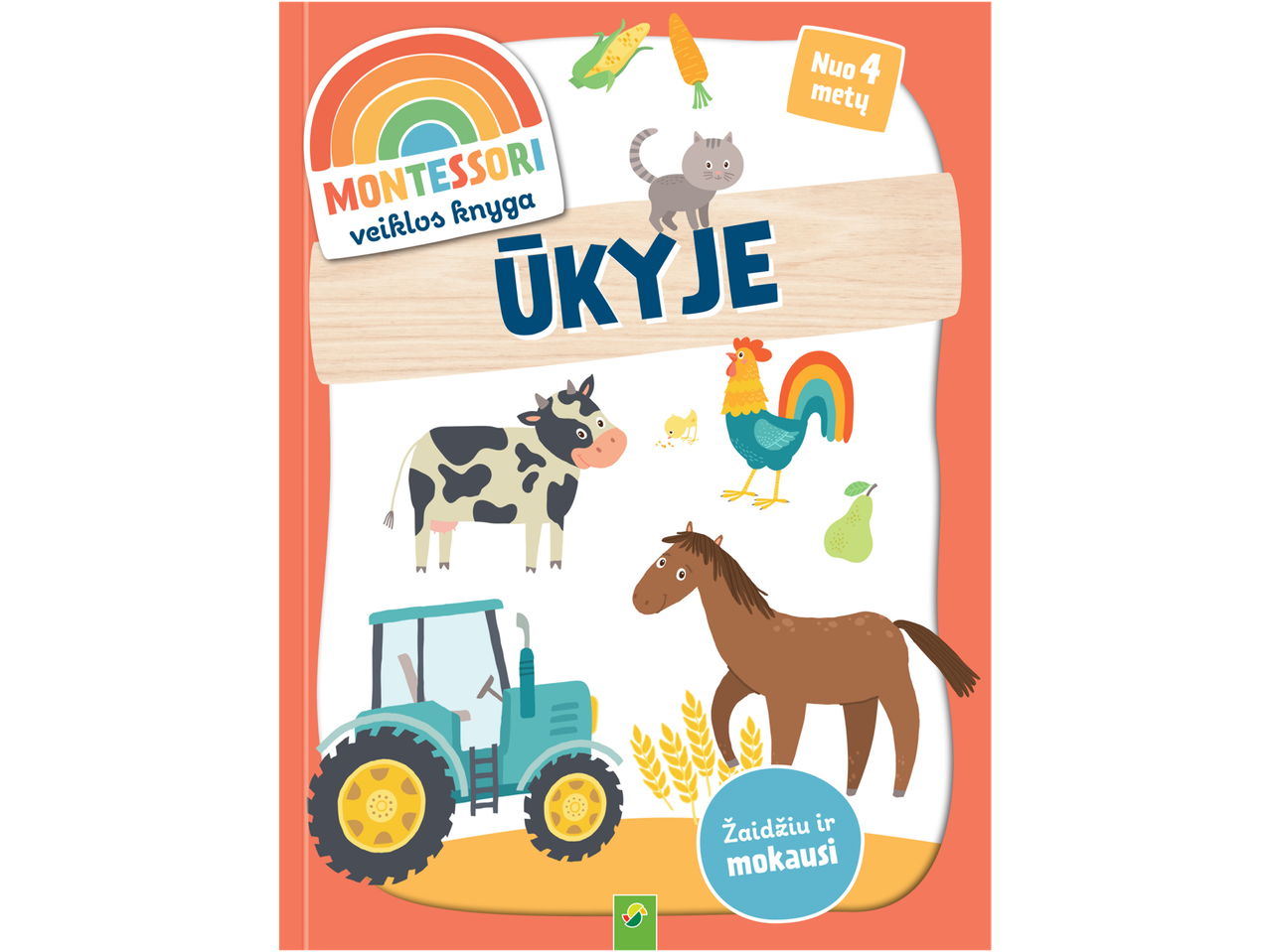 Montessori veiklos knyga „Ūkyje“ su gyvūnais ir traktoriumi, skirta nuo 4 metų.