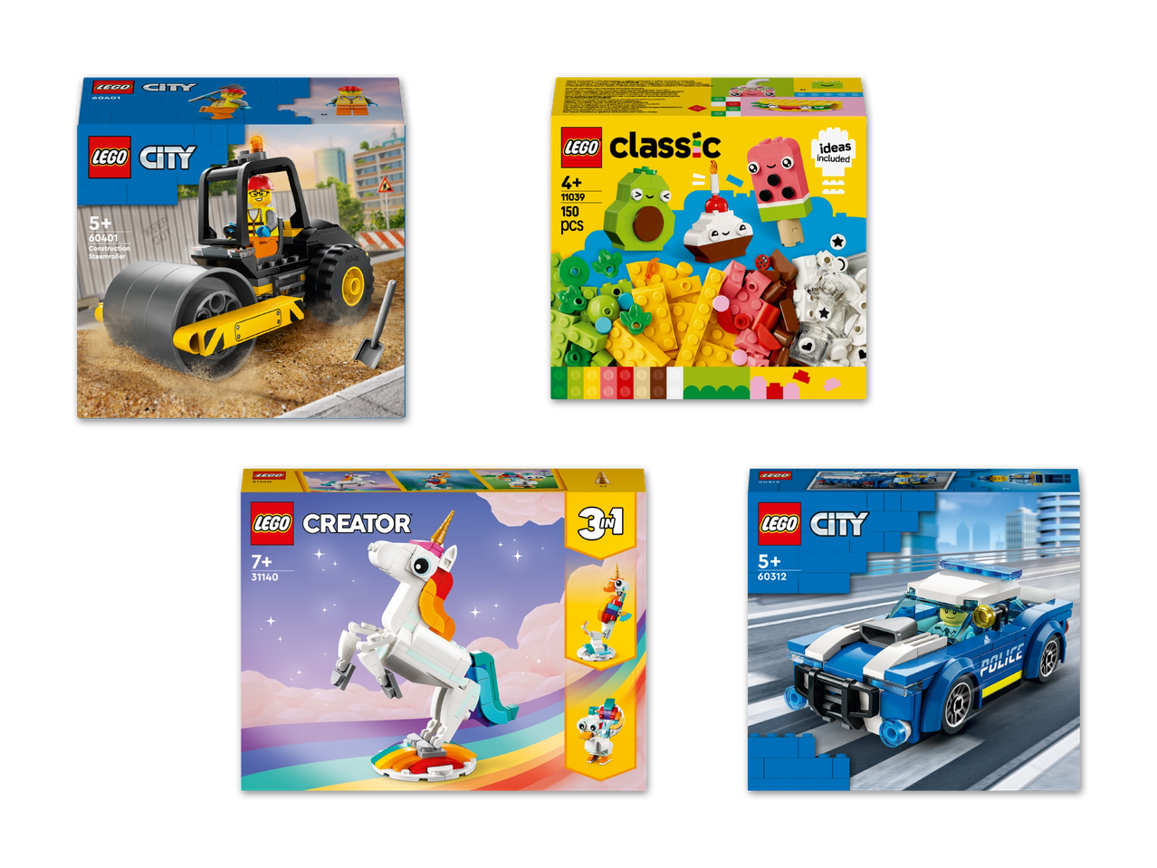 Vier Lego-Sets: ein Dampfwalzen-Set, ein Classic-Set mit Bausteinen, ein Einhorn-Creator-Set und ein Polizei-Auto-Set.