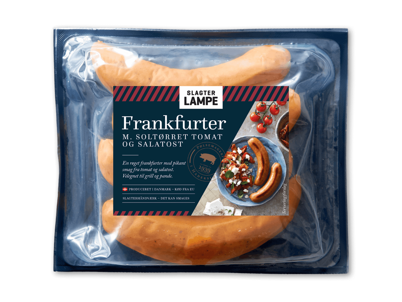 Pakkede frankfurtere med soltørret tomat og salatost, klar til grill eller pande.