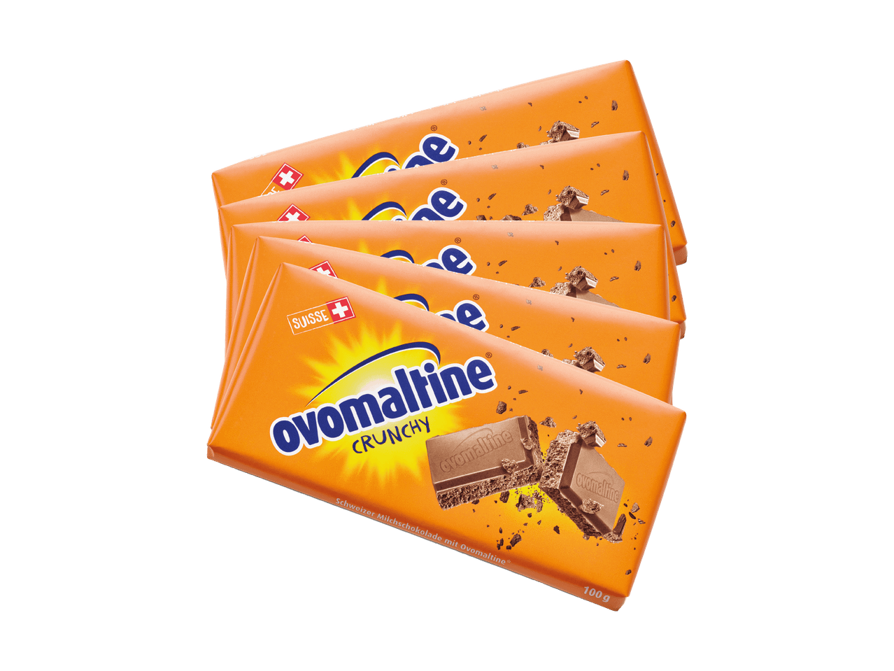 Quatre tablettes de chocolat au lait suisse croustillant, avec des morceaux de chocolat visibles.