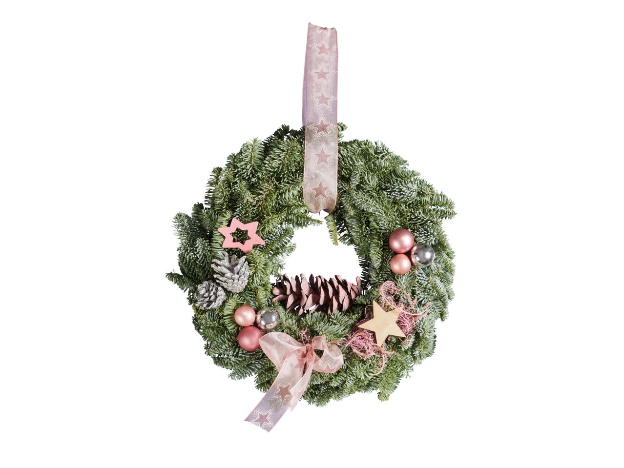 Christmas wreath with pine cones, stars, and pink ribbons.