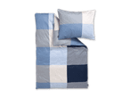 Bettwäsche-Set mit blau-weiß kariertem Muster und diagonalen Streifen