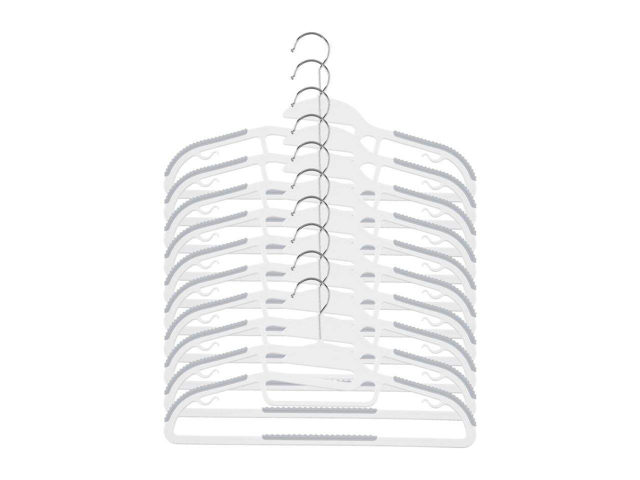 Stack of white plastic clothes hangers with grey non-slip grips and metal hooks.