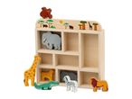 Wooden safari animal toy set with a display shelf