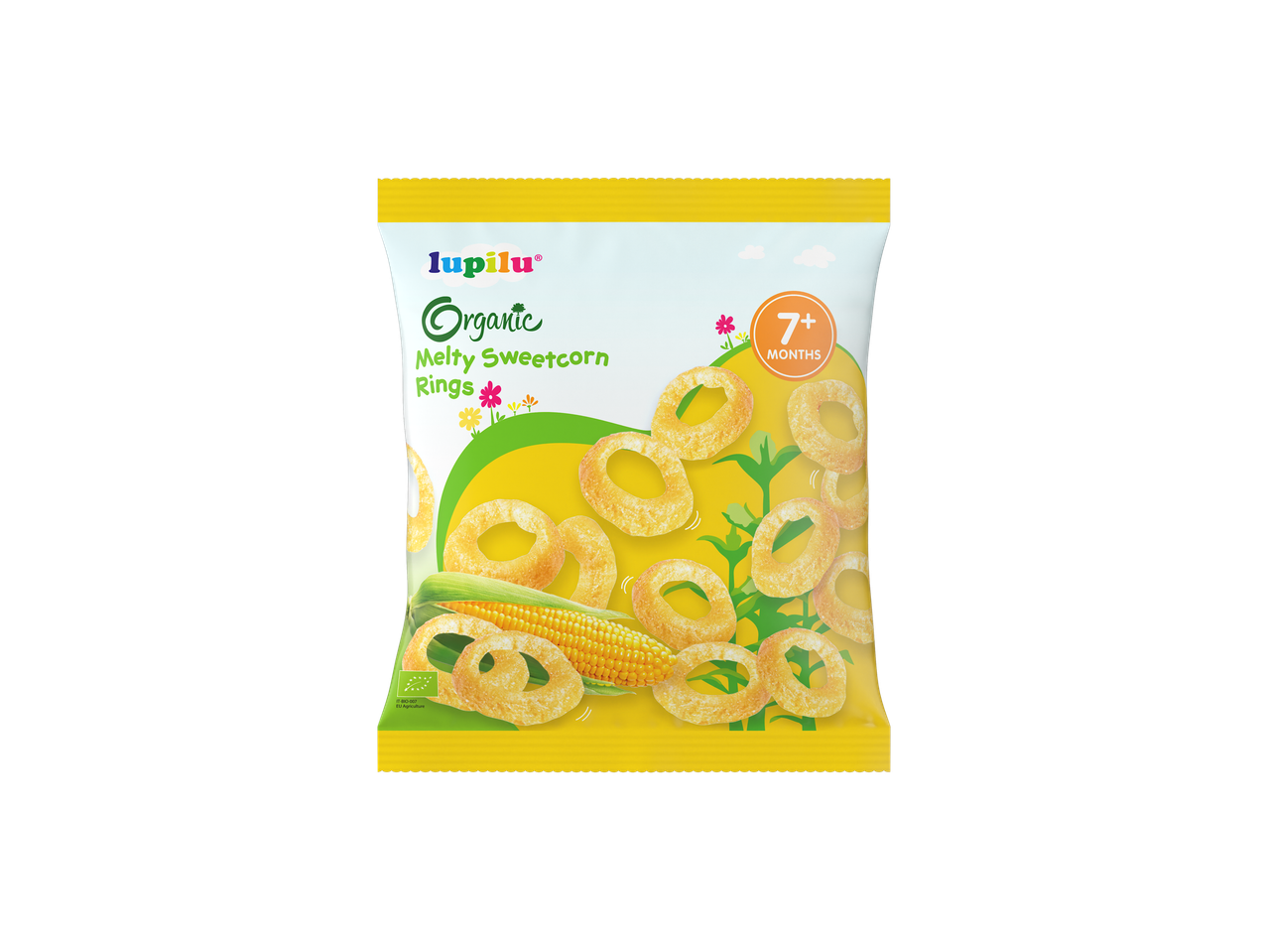 Lupilu Organic Melty Sweetcorn Rings snack bag for 7+ months.