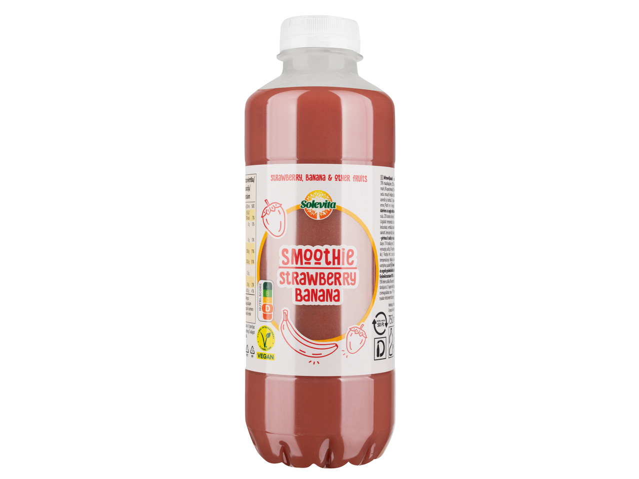 Solevita Eper Banán Smoothie palack Nutri-Score D és Vegán címkével