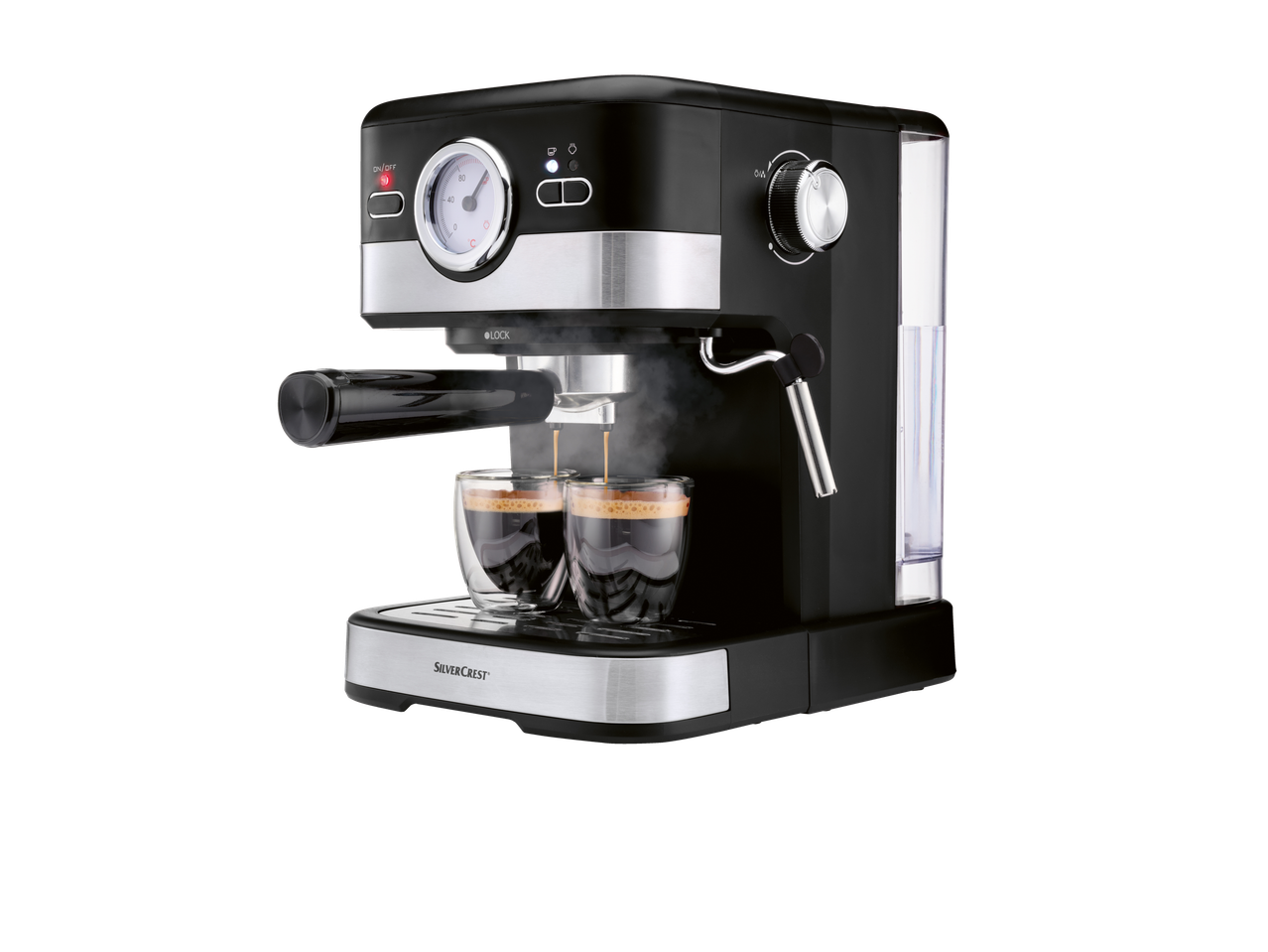 Máquina de café expresso SilverCrest preta e prateada a fazer dois cafés.