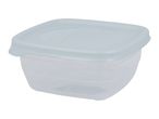 A clear plastic food storage container with a lid.