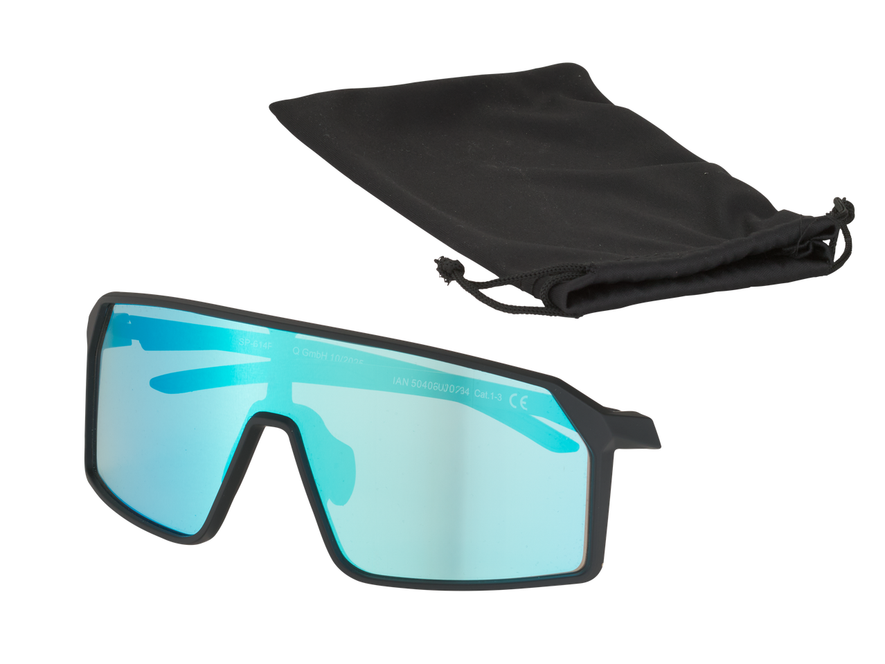 Ochelari sport CRIVIT cu lentile albastre și husă neagră, cu text SP-614P, Q GmbH 10/2025, IAN 5040600234 Cat.1-3 CE.