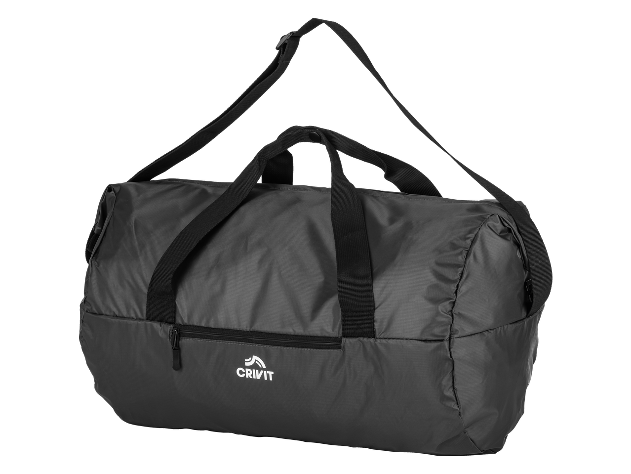 CRIVIT black lightweight duffel bag with shoulder strap and front zipper pocket.